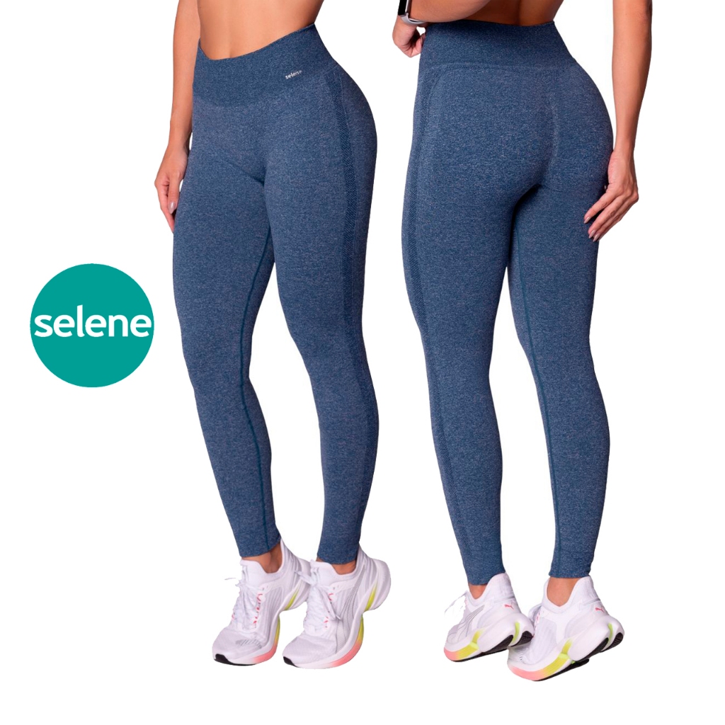 Legging Sem Costura ZERO Transparência Azul Mescla em Poliamida Selene Grossa Cós Canelado Compressão Push Up