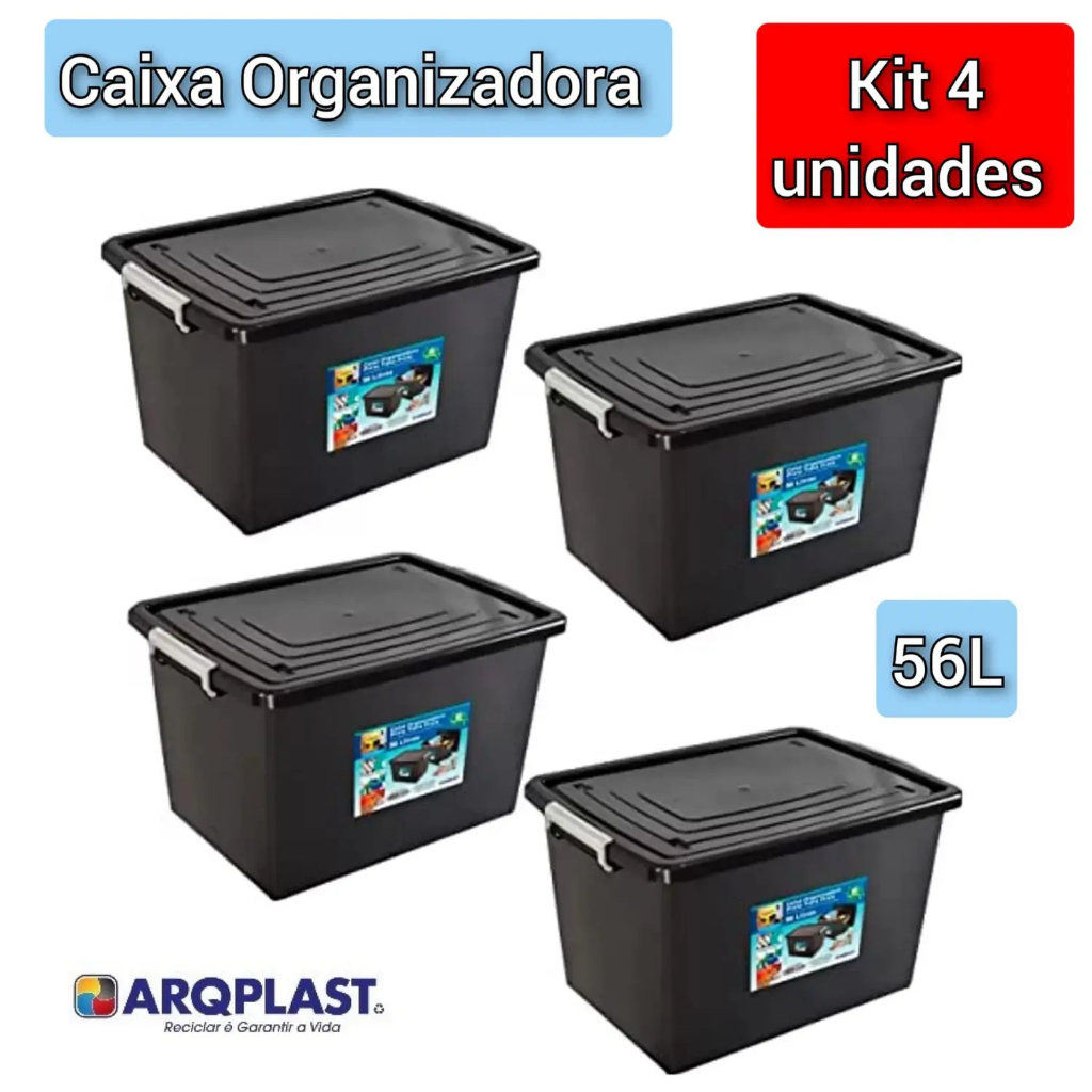 4 Caixas Organizadoras com trava Caixa Empilhável Container 56lts Caixa para Brinquedos Caixa para Livros