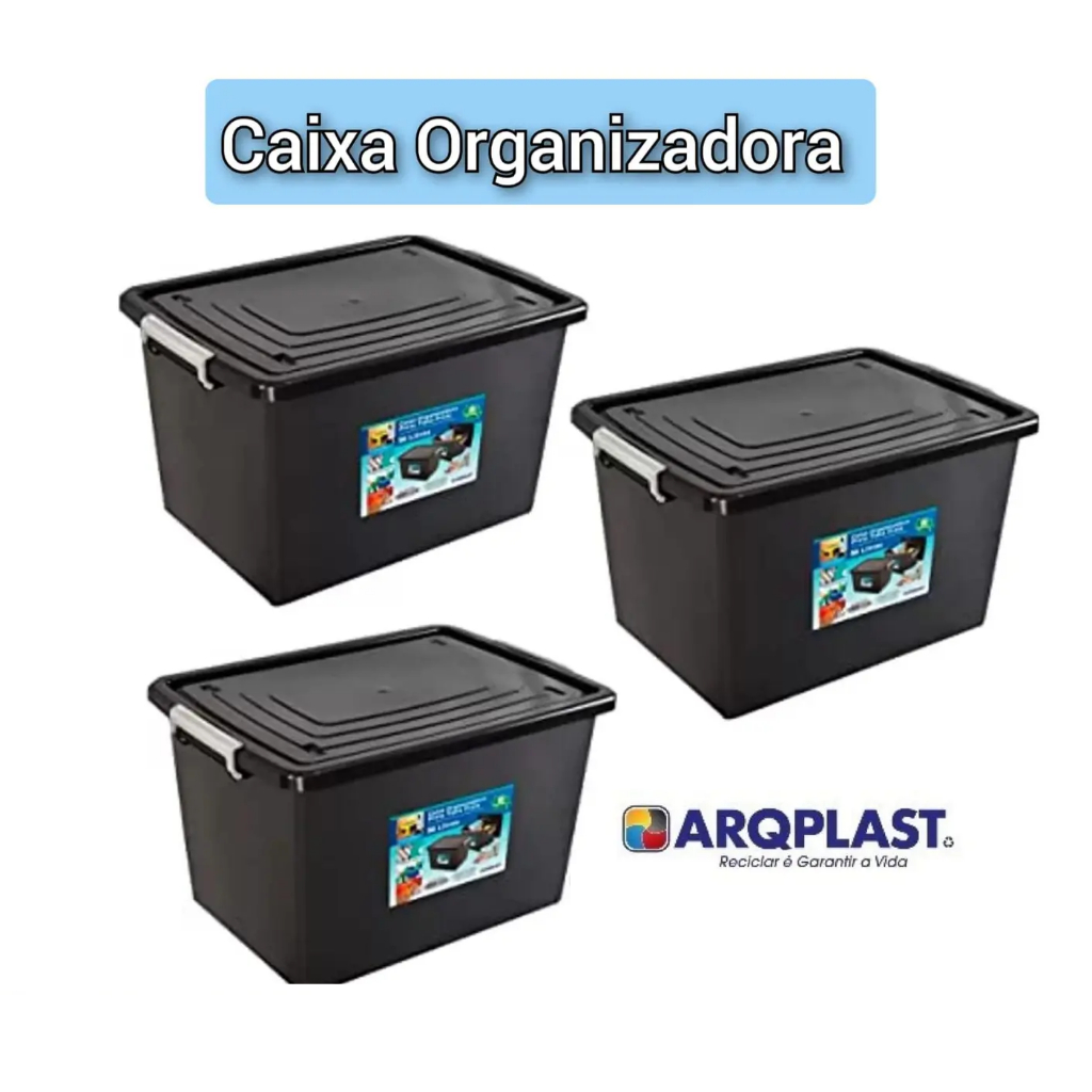 3 Caixas Organizadoras com trava Caixa Empilhável Container 56lts Caixa para Brinquedos Caixa para Livros