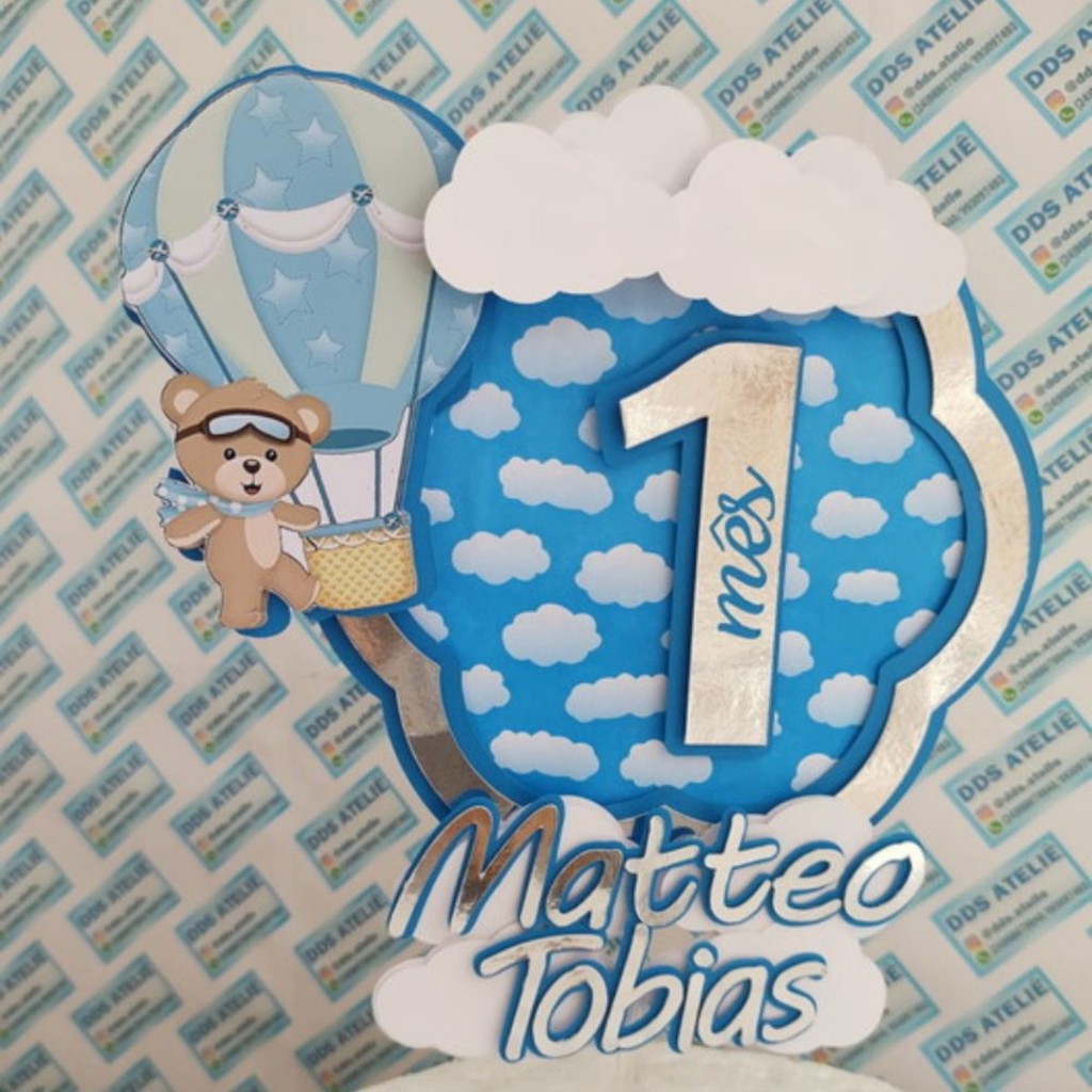 Topo de Bolo Ursinho Baloeiro/Topper de Bolo Ursinho Baloeiro/Topo Ursinho/Topper Ursinho