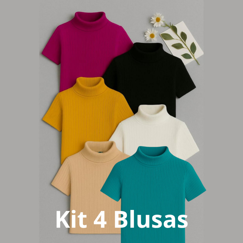 Kit 4 Blusas Feminina Gola Alta Manga Curta em Oferta na Shopee