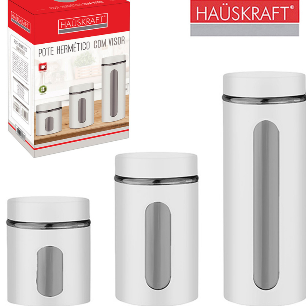 CONJUNTO DE POTE DE VIDRO / INOX REDONDO PARA MANTIMENTOS COM VISOR + TAMPA DE ROSCA BRANCO HAUSKRAFT COM 3 PECAS 600/90