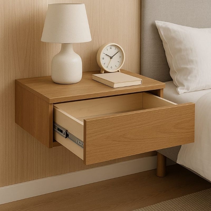 Mesa cabeceira para quarto, com corrediças telescópicas na cor freijó.