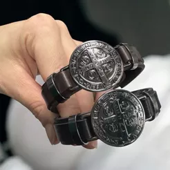Pulseira Masculina Estilo Religioso com Medalha de São Bento Couro Sintético Ajustável Mod5