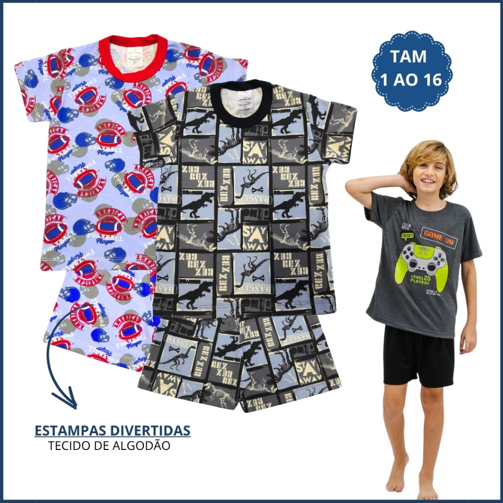 Kit 4 Peças Pijama Infantil Menino Masculino Verão 2 Camiseta Manga Curta e 2 Short Cotton 1 ao 16