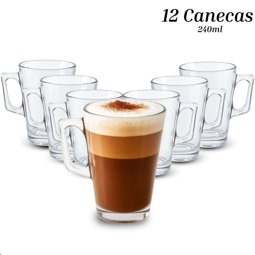Jogo De 12 Xícaras Em Vidro Transparente Kit Canecas Para Chá Café Capuccino
