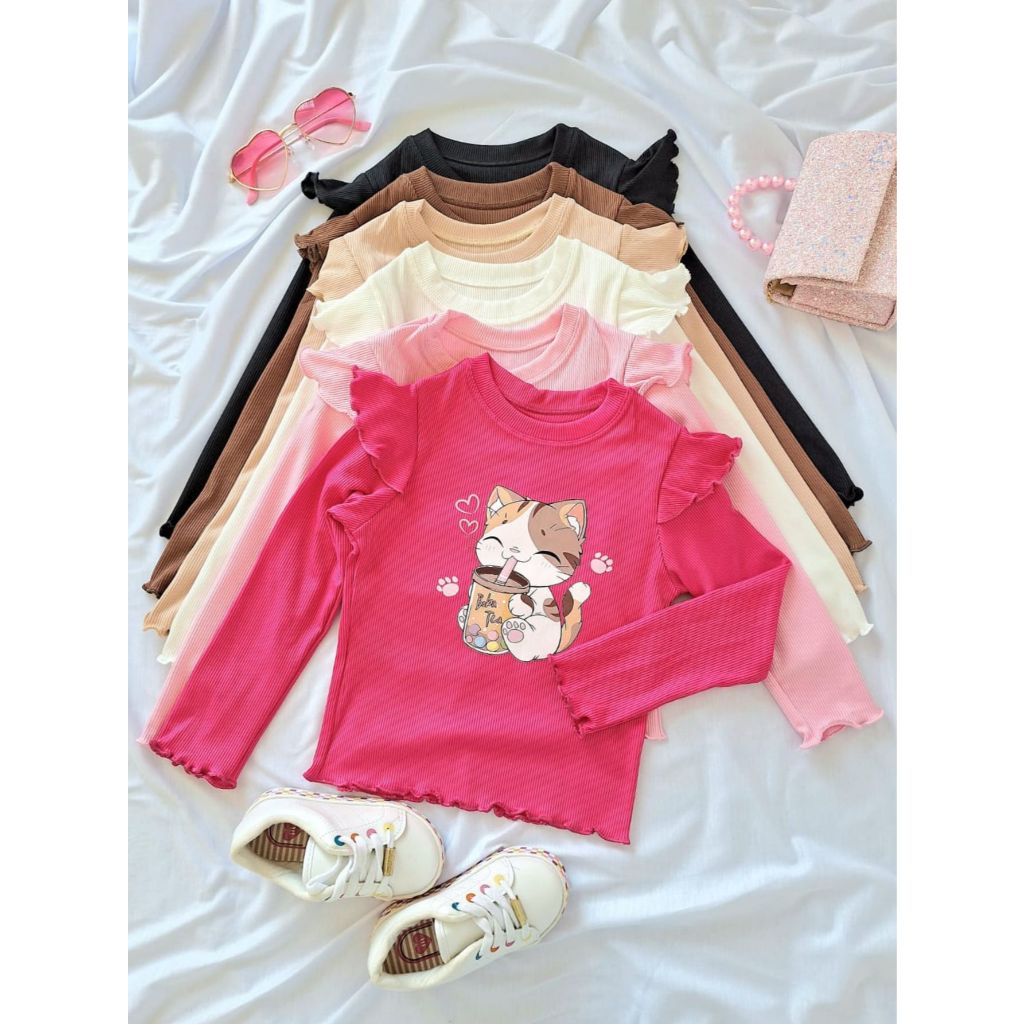 Blusa Infantil Menina Gatinho Suco Manga Longa Meia Estação Canelado Ribana DTF03