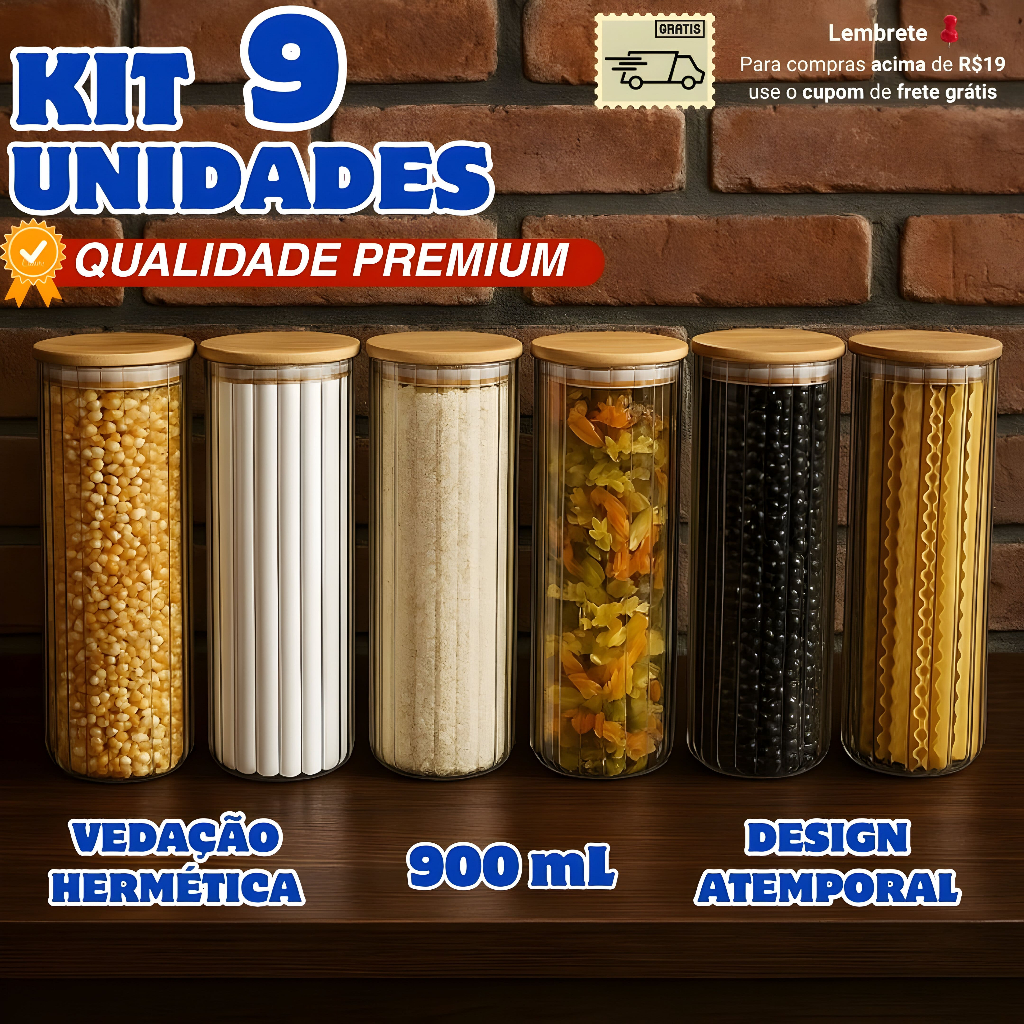 Kit 9 Pote Hermético de Vidro Com Tampa de Bambu Redondos 900mL