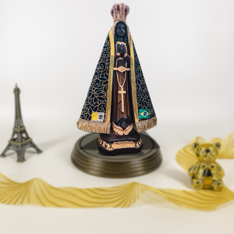Imagem Nossa Senhora Aparecida 32cm Resina e Gesso com Manto Veludo Bordado Glitter