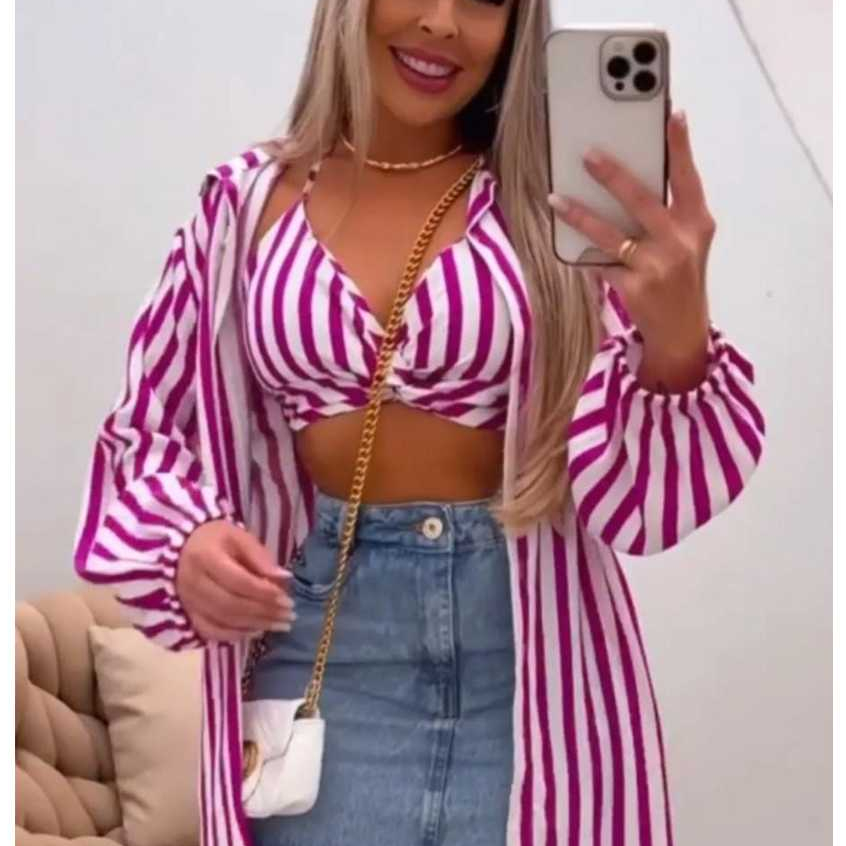 Conjunto Feminino Listrado com Cropped e Camisão Kimono – 2 Peças Estilosas | Moda Feminina