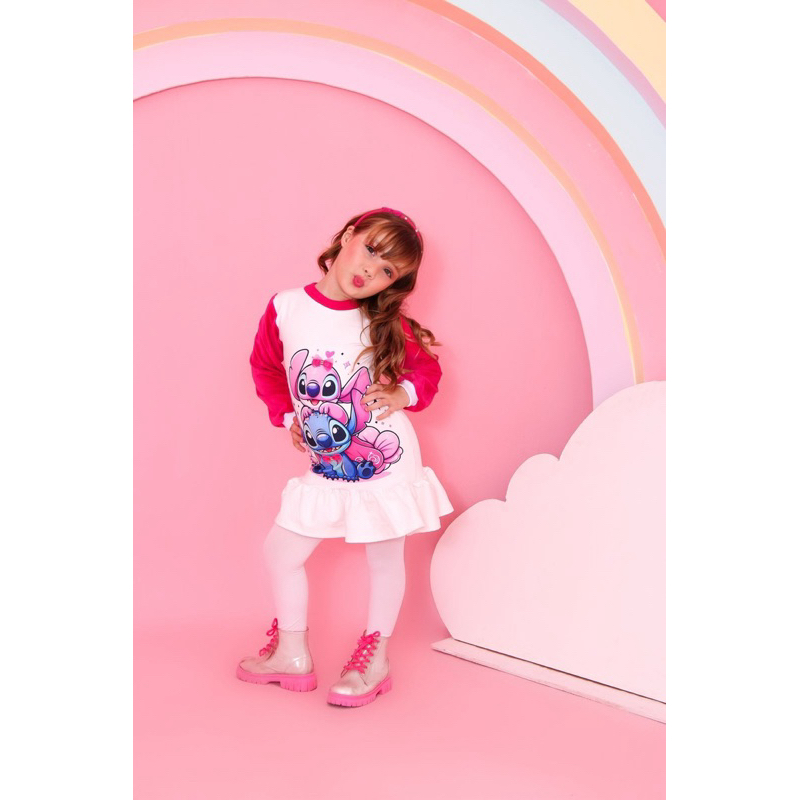 Vestido infantil inverno Lilo Stitch rosa vestido manga longa frio menina roupa festa