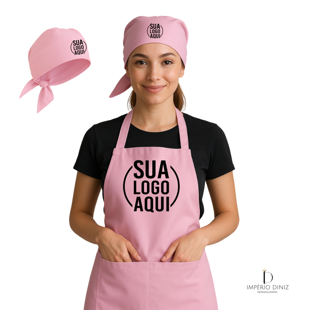 kit Avental +Touca Frente Unica Jaleco Rosa bebe Com Sua Logo