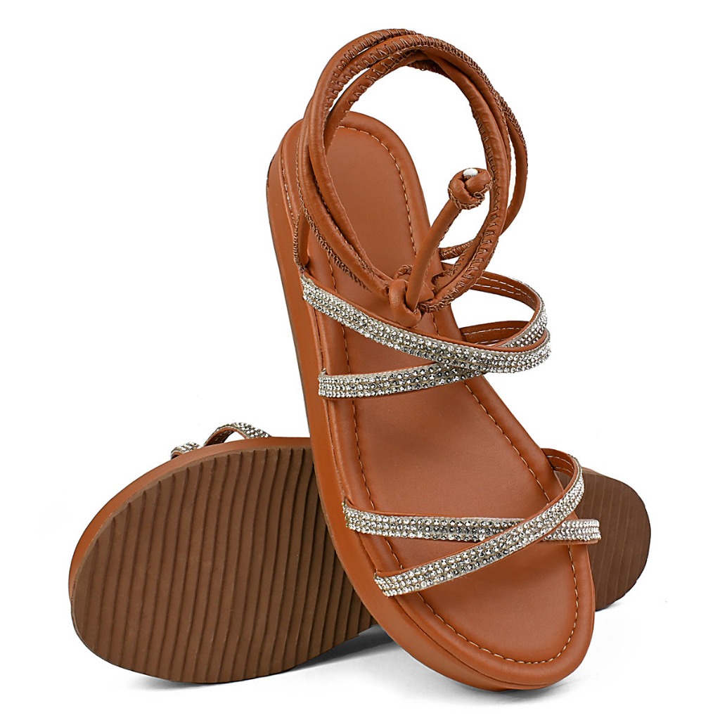Sandália Feminina Birken De Amarrar Papete Flatform Tiras Strass Amarraçao  Ref:30/19