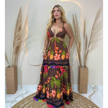 Vestido Longo Soltinho De Amarrar Nas Costas com Alca Regulable Argola Moda Praia Verão 2026