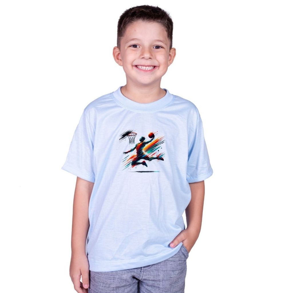 CAMISETA ROUPA INFANTIL MENINO MENINA BASQUETE CESTA BOLA BALL ENTERRAR JOGADOR CAMISA AZUL ROSA