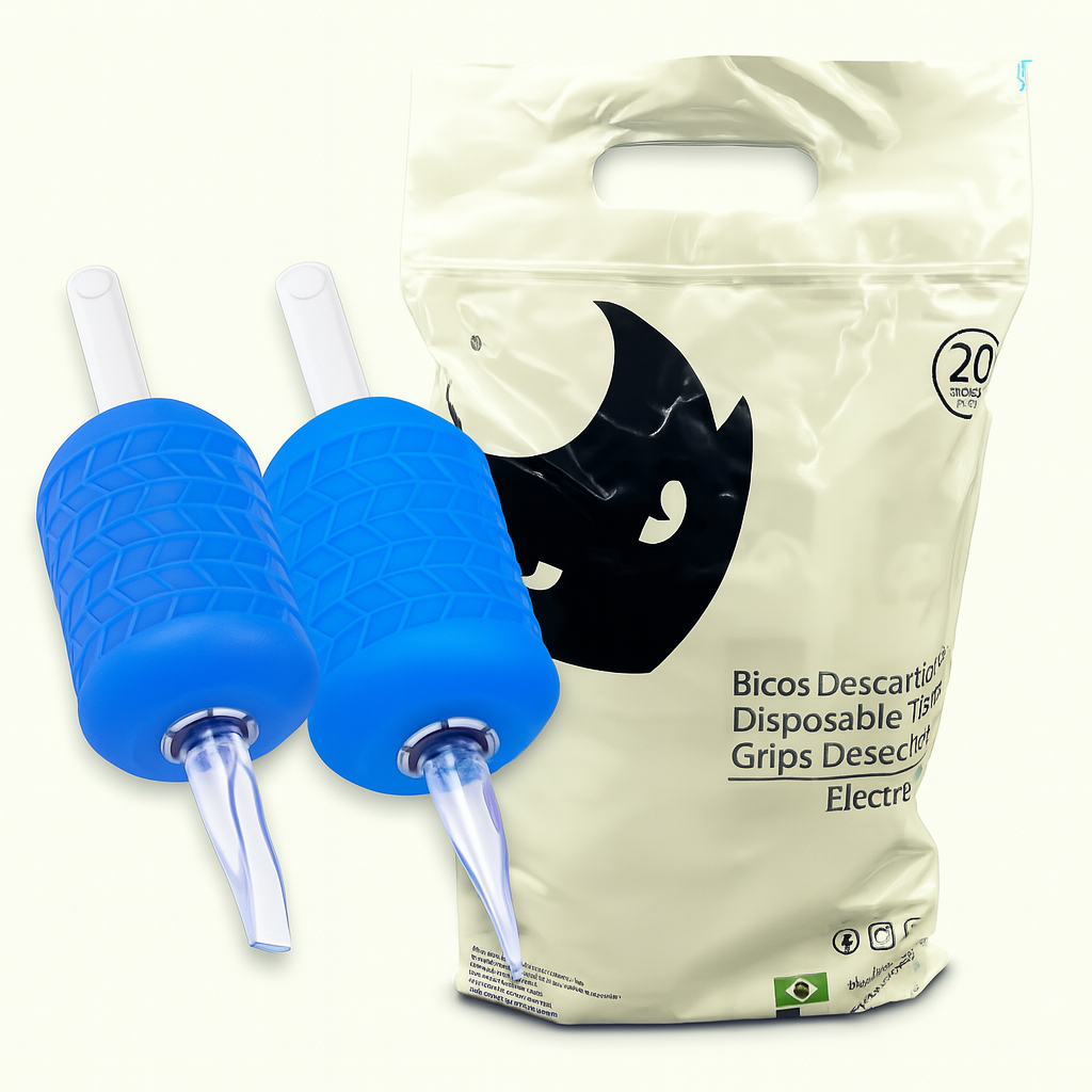 Kit 20 Biqueiras Descartáveis Electric Ink Tattoo | Grip 30mm Crystal Tatuagem | Bico Transparente Com NF | Envio Rápido