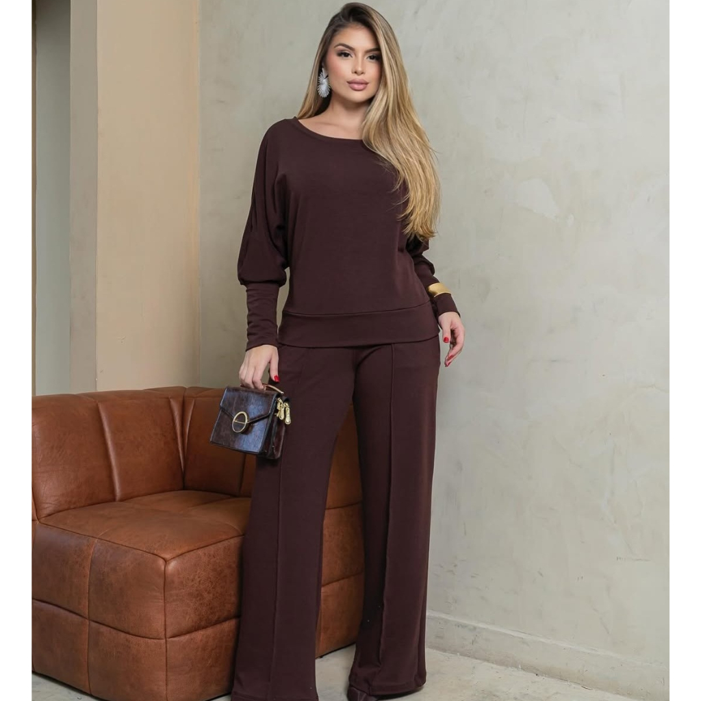 Conjunto Moletinho Feminino Inverno 2025 | Blusa Manga Longa + Calça Wide Leg Look Casual ...