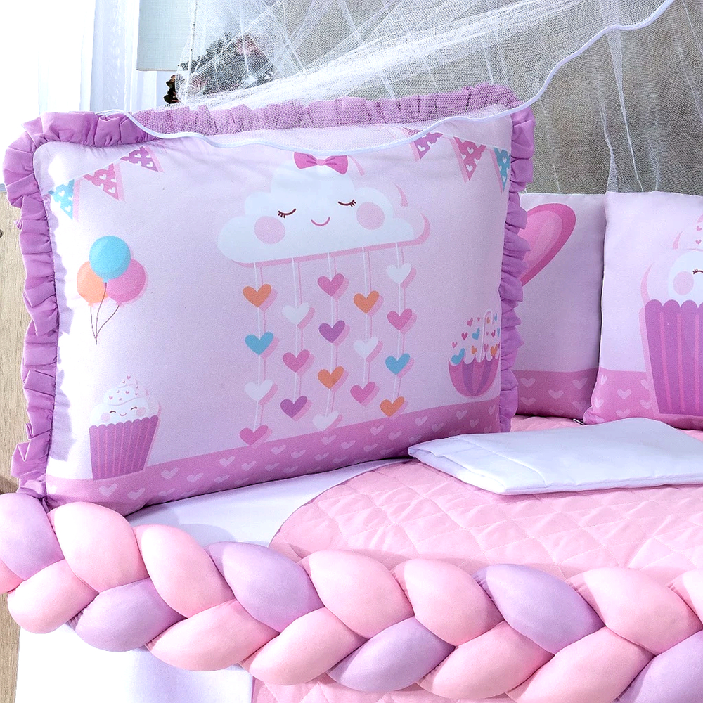 Kit Berço Menino 12 Peças Completo Americano C/ Mosquiteiro Trança Trocador Enchimento