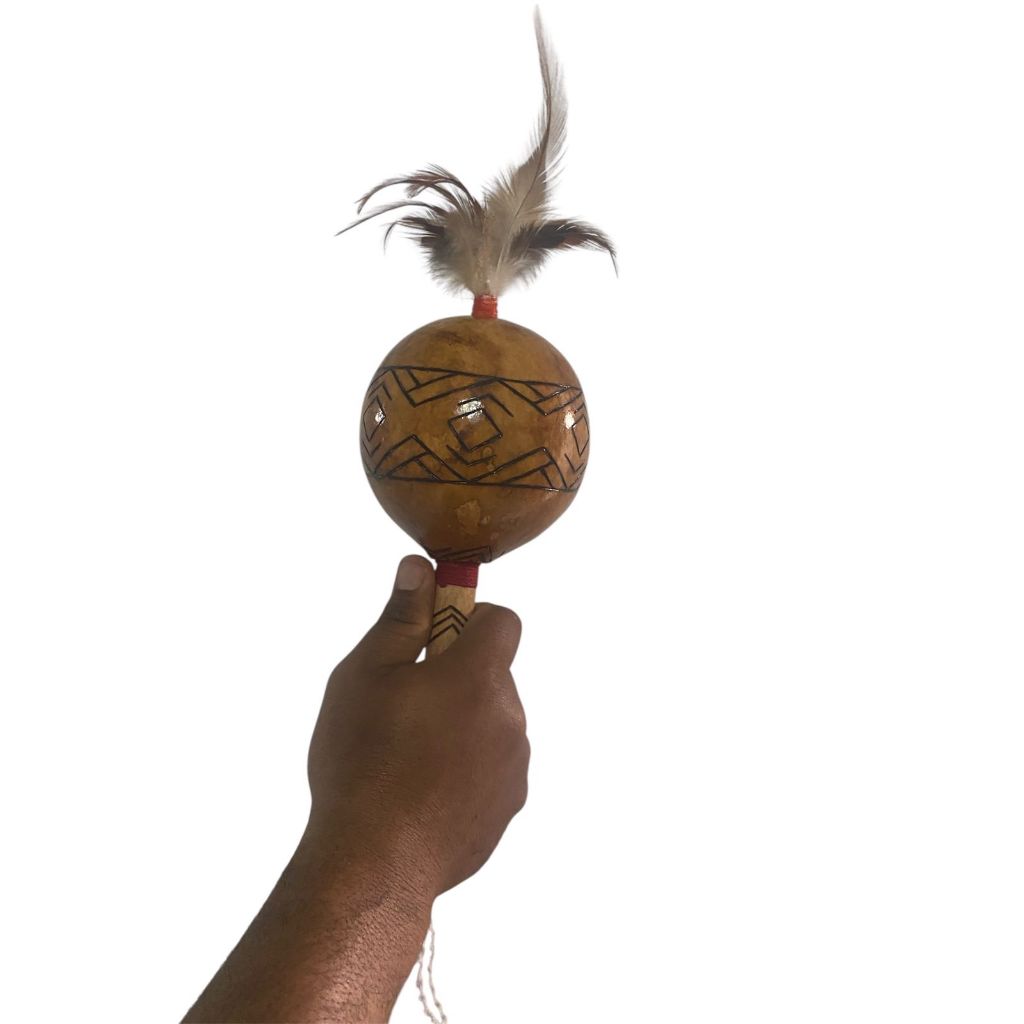 1 Maraca Cabaça Penas Artesanal Indígena Exclusiva