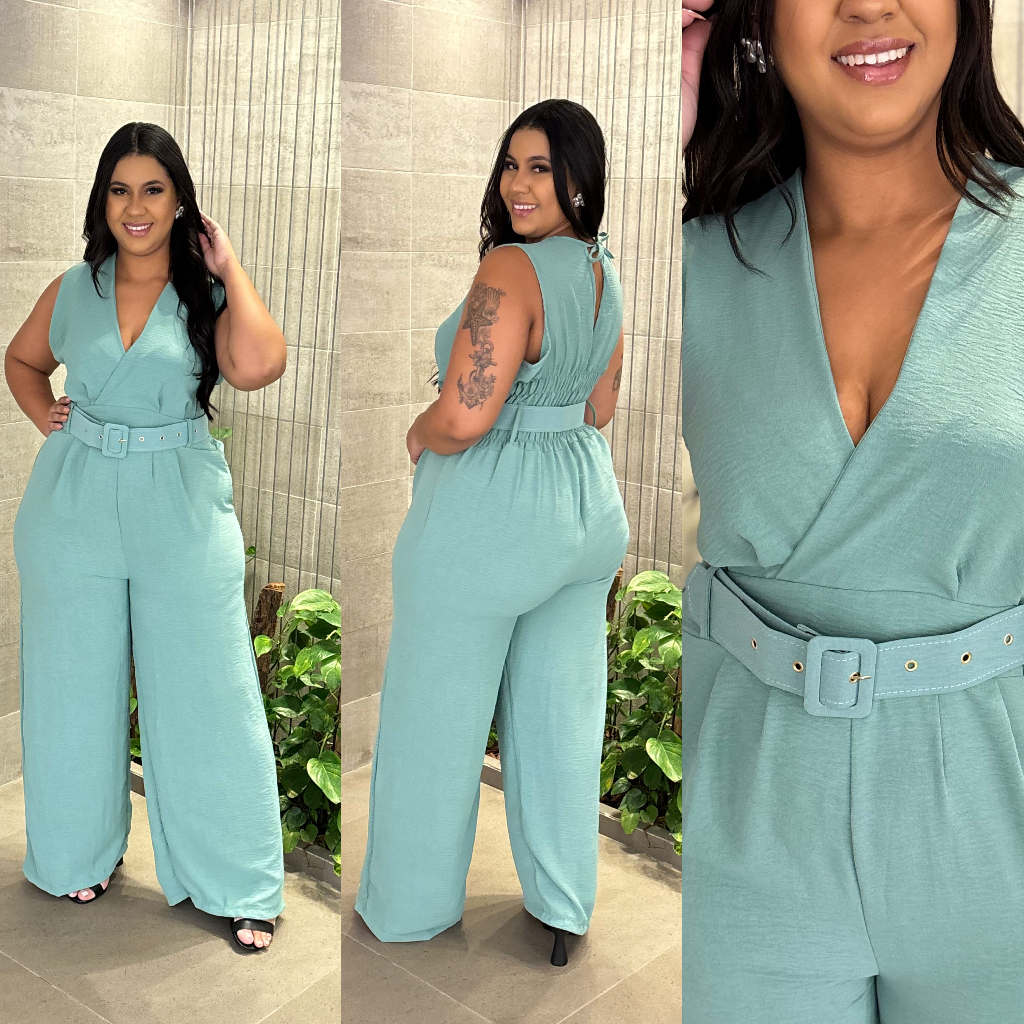 Macacão Feminino Longo Regata Duna com Cinto Plus Size