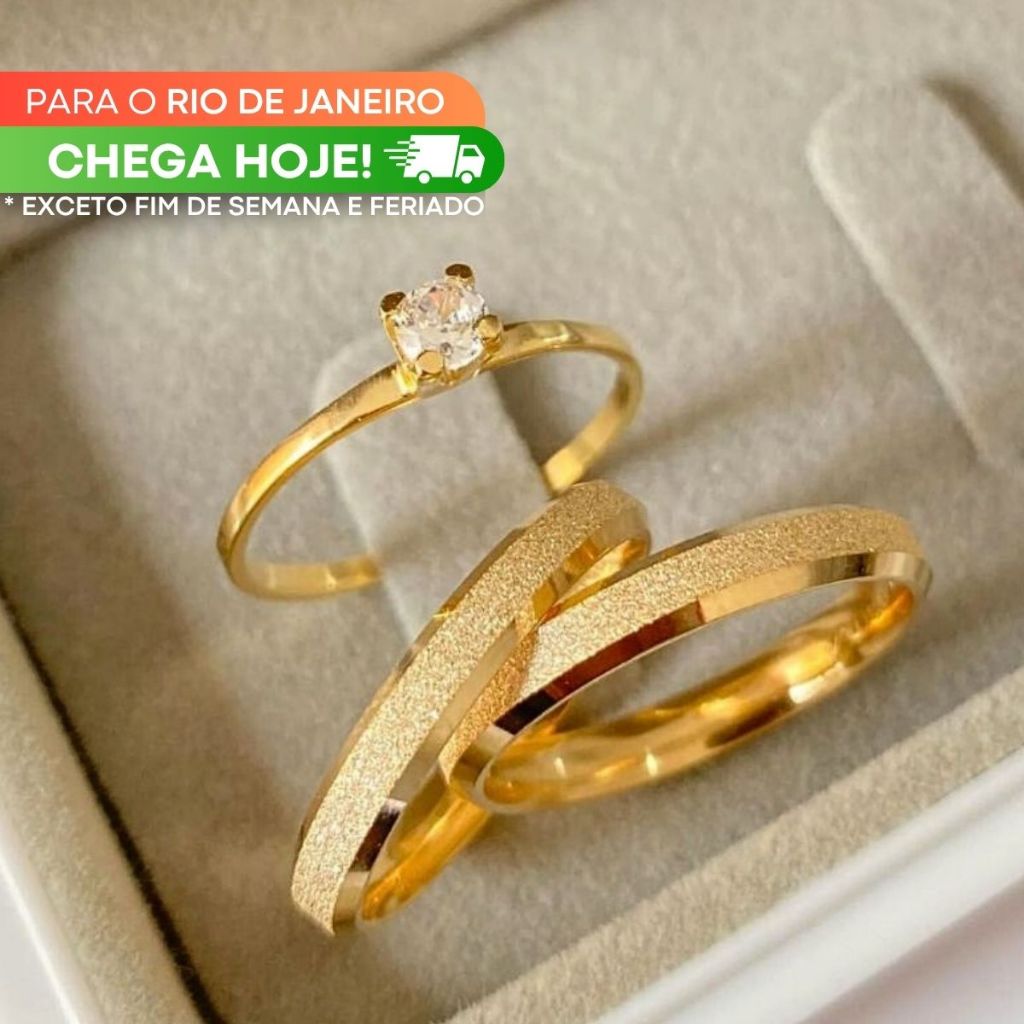 Aliança de Casamento fina 4mm Diamantada + Solitário Par Anel Noivado Banhada Aço Inox Cor Ouro 18k Entrega 24h RJ