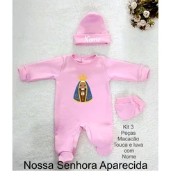 kit 3 Peças Saída Maternidade Branco Rosa Bebê Nossa Senhora Aparecida Recém-nascido RN ( Recém-nascido) Menina