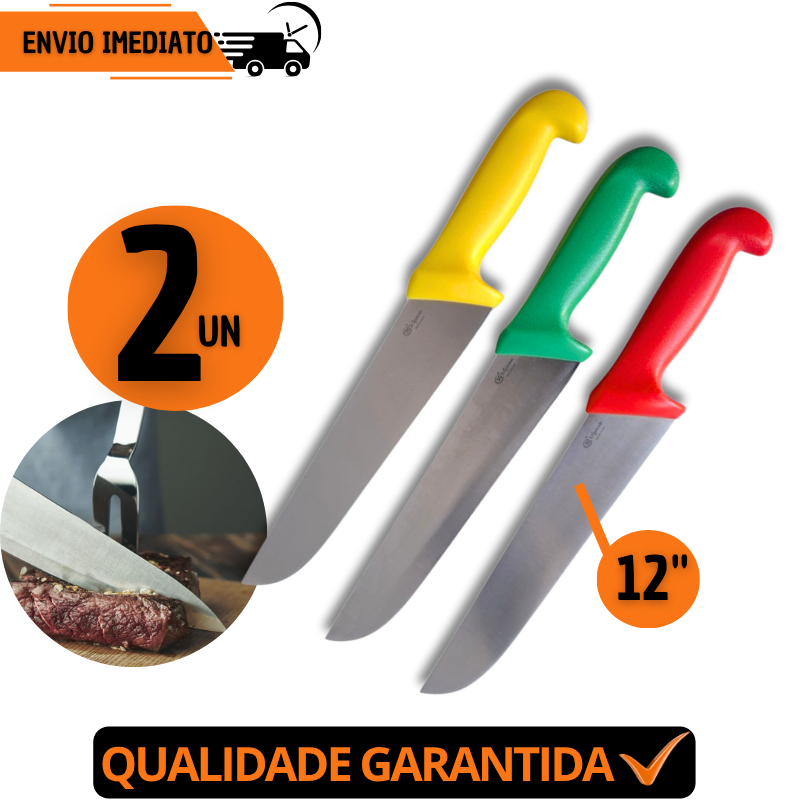 Jogo 2 Faca Profissional 12"Aço Inox Açougue Chef Desossar Corte Afiado Premium Churrasco