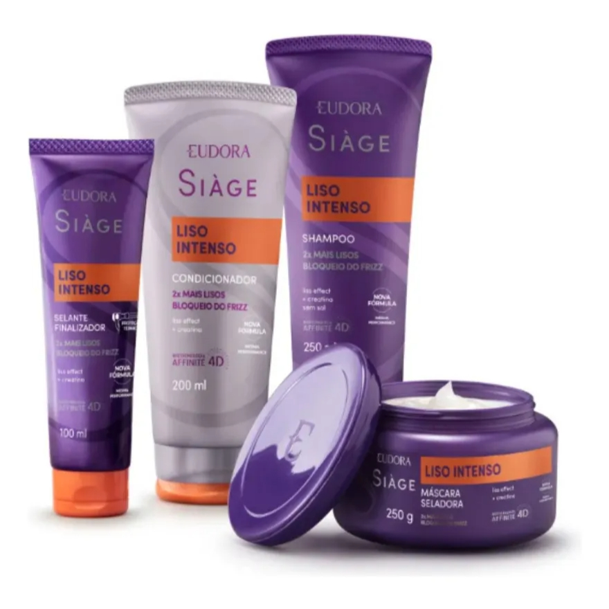 Kit Eudora Siàge Liso Intenso ✨ Shampoo + Cond. + Máscara + Selante | Liso prolongado e antifrizz