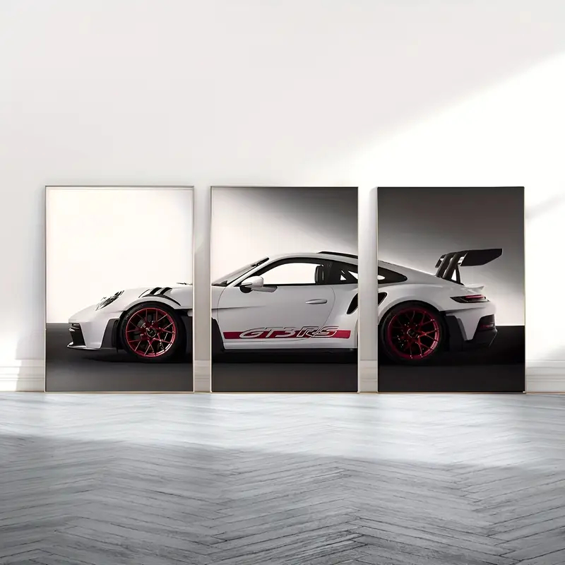 Kit 3 Quadros Decorativos Porsche 911 GT3 RS Carro de Luxo Turbo Decoração Quarto Garagem Sala MDF