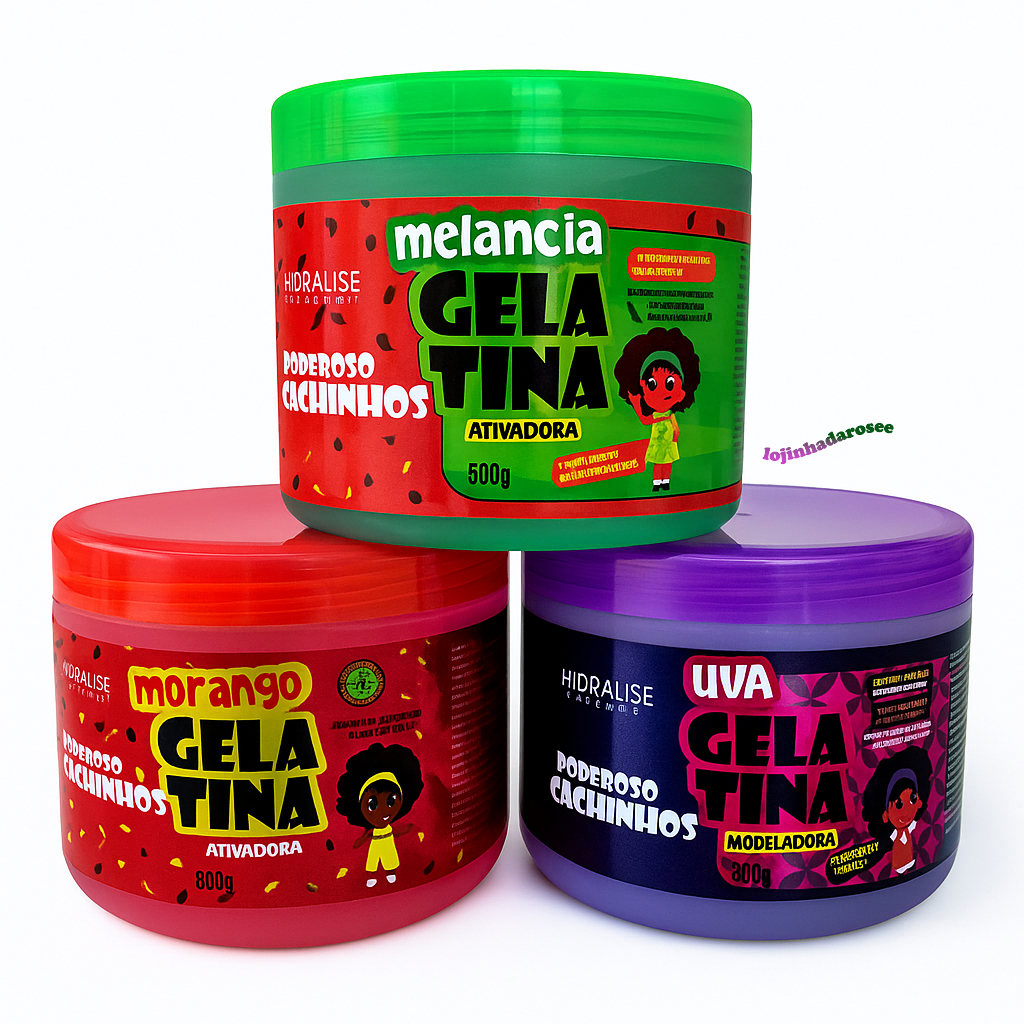 Kit 3 Gelatinas Kids Melancia, Uva e Morango Poderoso Cachinhos Hidralise 500g