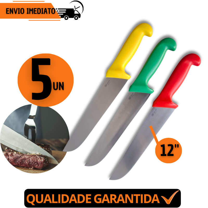 Jogo 5 Faca Profissional 12"Aço Inox Açougue Chef Desossar Corte Afiado Premium Churrasco