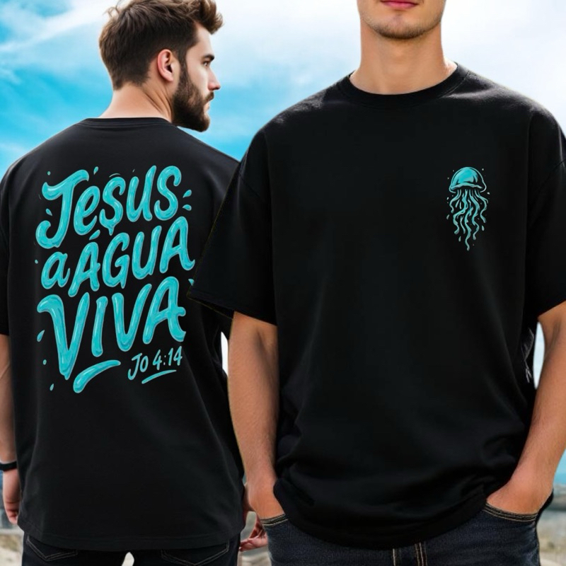 Camiseta Oversized Masculina Religiosa Jesus Água Viva Blusa Unissex Gospel Algodão Streetwear Roupa Moda Verão