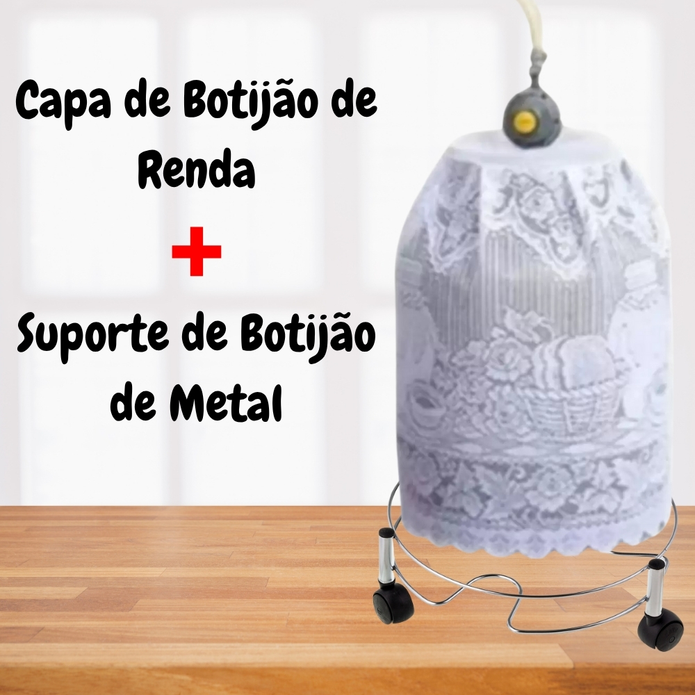 KIT 01 Capa de Botijão de Gás de 13 Kg Renda Branca + Suporte de Botijao de Gas 13kg Metal com rodinhas - PANAMI