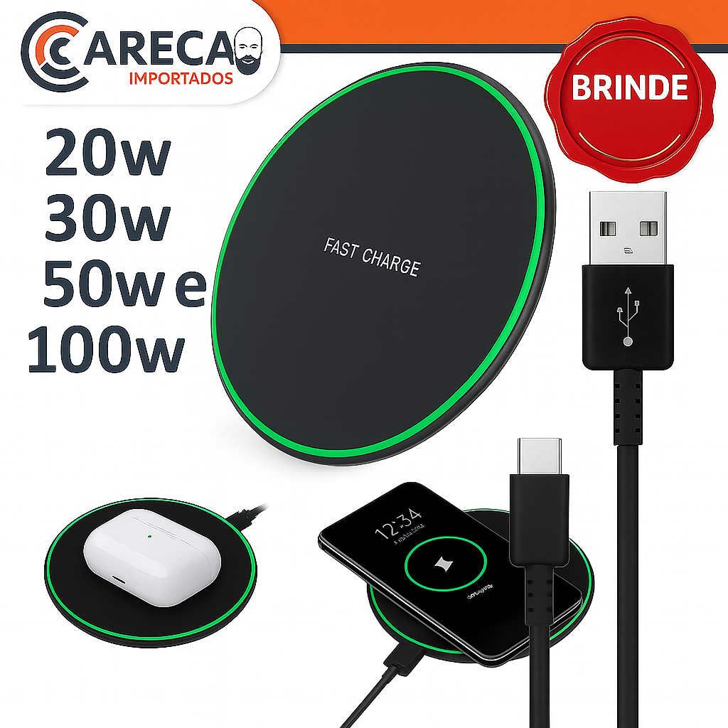 30w Carregador Sem Fio Indu&ccedil;&atilde;o Para iPhone 11 a 14 Pro, XS Max, Mini X, XR, Samsung, Xiaomi, Huawei