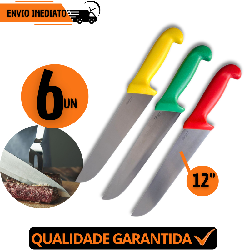 Jogo 6 Faca Profissional 12"Aço Inox Açougue Chef Desossar Corte Afiado Premium Churrasco