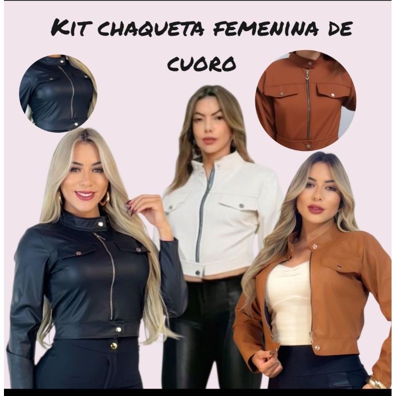 KIT 2 Jaqueta De Couro Feminina Com Zíper Elegante Inverno Tendencia2025caramelo