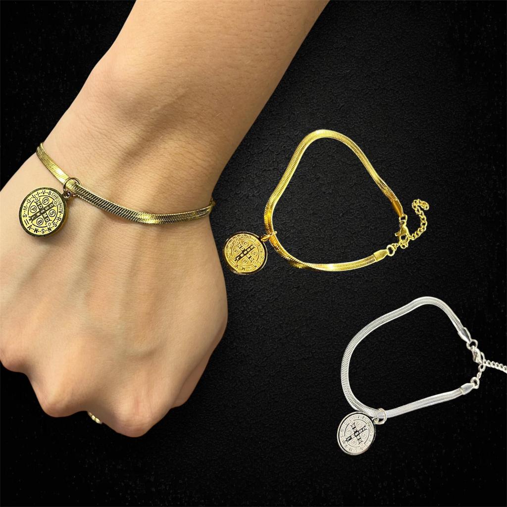 pulseira aço inox de são bento dourada prata aco medalha  de sao bento em Oferta na Shopee