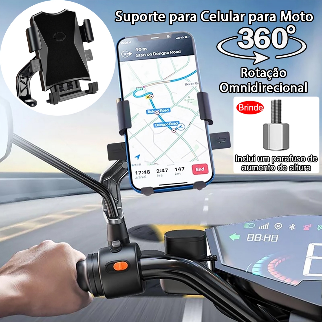 Suporte para Celular Moto Ferro Retrovisor com 360° Rotação para GPS Celulares de 4,8" a 7,2" SUP017