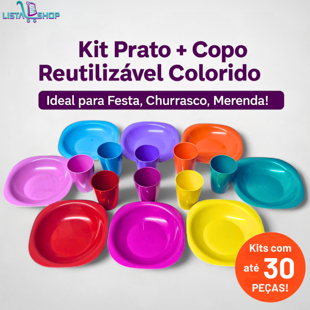Kit Prato Fundo + Copo Plástico Reutilizável Colorido para Festa Merenda Escolar Churrasco até 30 pç