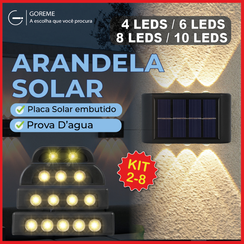 variação de 2 a 8 itens Luminária Arandela Solar 4 6 8 10 LED Luz Branco Quente para Parede a Prova dágua Spot parede em Oferta na Shopee
