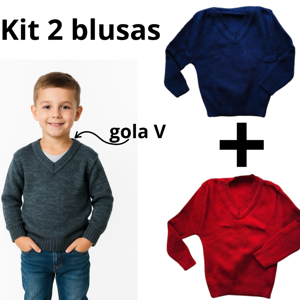 Kit 2 blusas de lã LISA gola V suéter infantil menino inverno frio do 2 ao 14