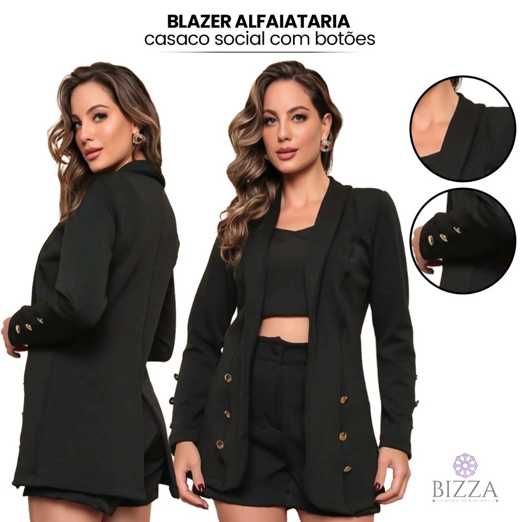 Blazer Feminino alfaiataria Casaco Max cinturado com botões modelo social