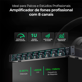 VEDO Amplificador De Fones De Ouvido 8 Canais VD8000-V Tipo Power Play Com 8 Amplificadores Estéreo Independentes