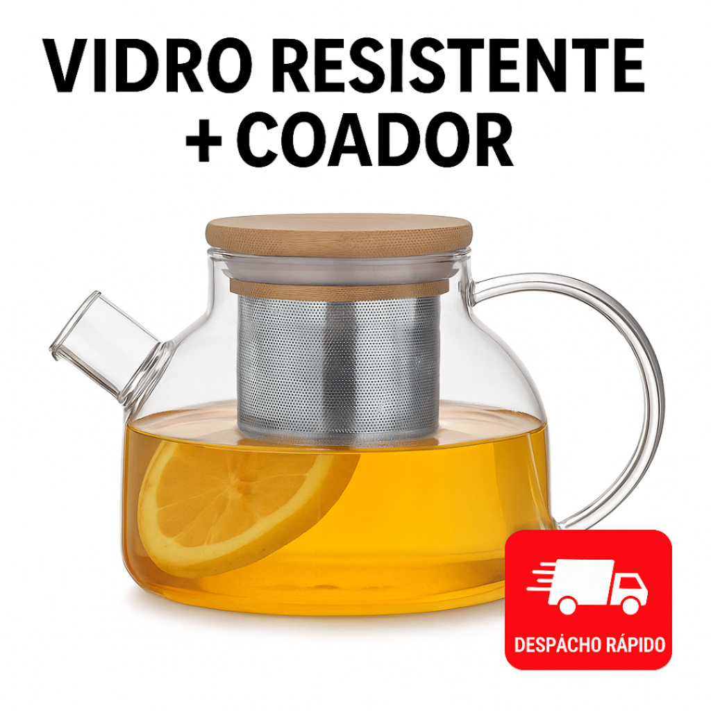 Chaleira Bule de Vidro Borossilicato 1L com Tampa de Bambu e Coador Infusor de Inox