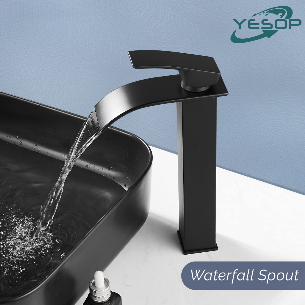 Torneira Preta Banheiro Cascata Monocomando Misturador Quadrado Bica Alta Luxo Fosco Yesop em Oferta na Shopee