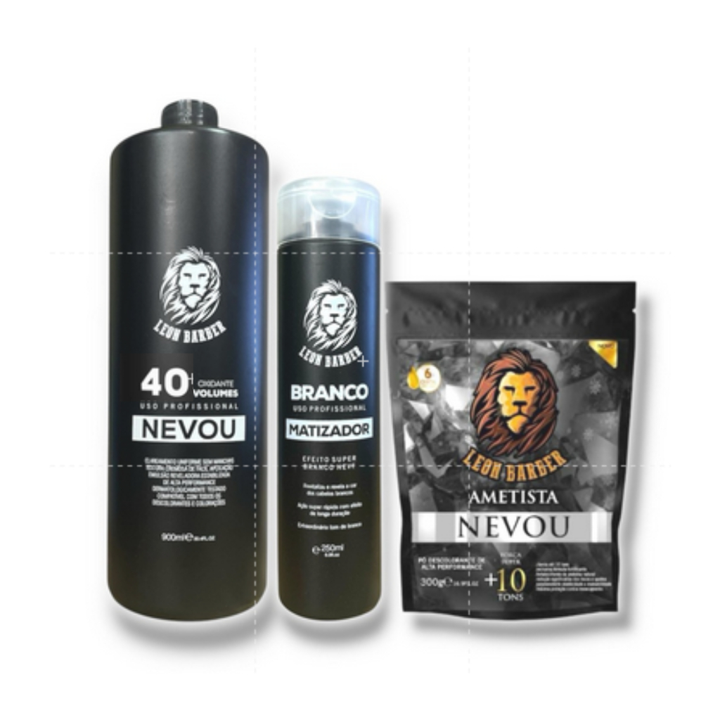 Kit Pó Descolorante Ametista 300g + Matizador Branco 250ml + Água Oxigenada 900ml (40 Volumes) – Leon Barber