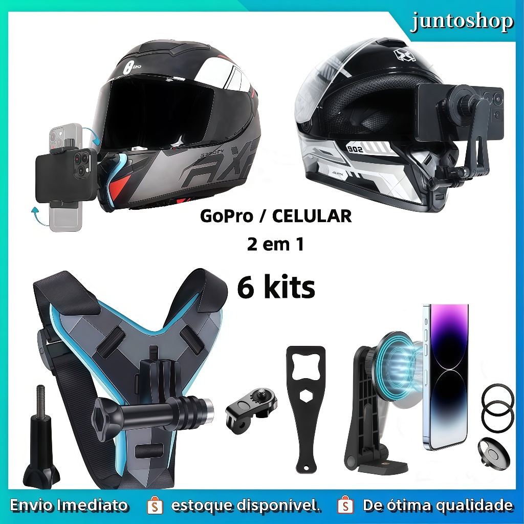 6 kits)Com suporte magnético para prateleira de celularSuporte Câmera Celular Gopro Para Capacete Posição De Queixo