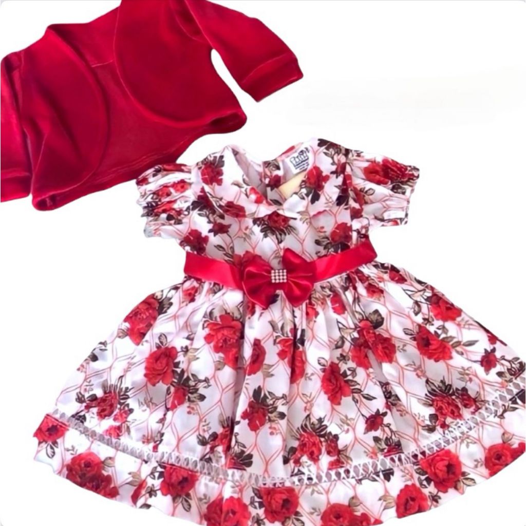 Vestido de Bebe Menina com Bolero Florido Vermelho 100% Algodão - Mundo Nina