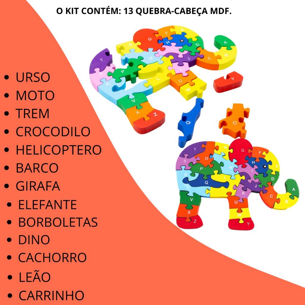 Quebra Cabeça Alfanumérico Madeira Temas Animais Carros Quebra Cabeça Números e Letras