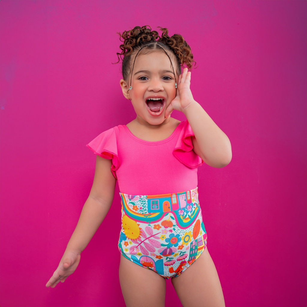 Maiô Infantil Moda Praia Manga Curta Lycra Babado Proteção UV50+ Verão Proteção Solar Meninas Look